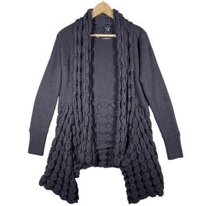 BOHO Knit Cardigan Open Front Textured Cozy Purple Crochet Chunky Wool Blend M